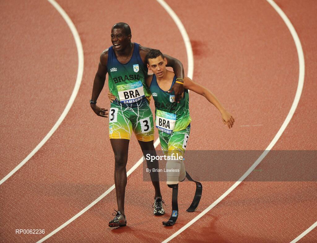16 September 2008; Brazilian athletes Alan Oliveira, right, and Andre Luiz Oliveira, celebrate after finishing 2nd in the Men's 4 X 100m Relay - T42-T46 Final. Beijing Paralympic Games 2008, 4 X 100m Relay - T42-T46 Final, National Stadium, Olympic Green, Beijing, China. Picture credit: Brian Lawless / SPORTSFILE