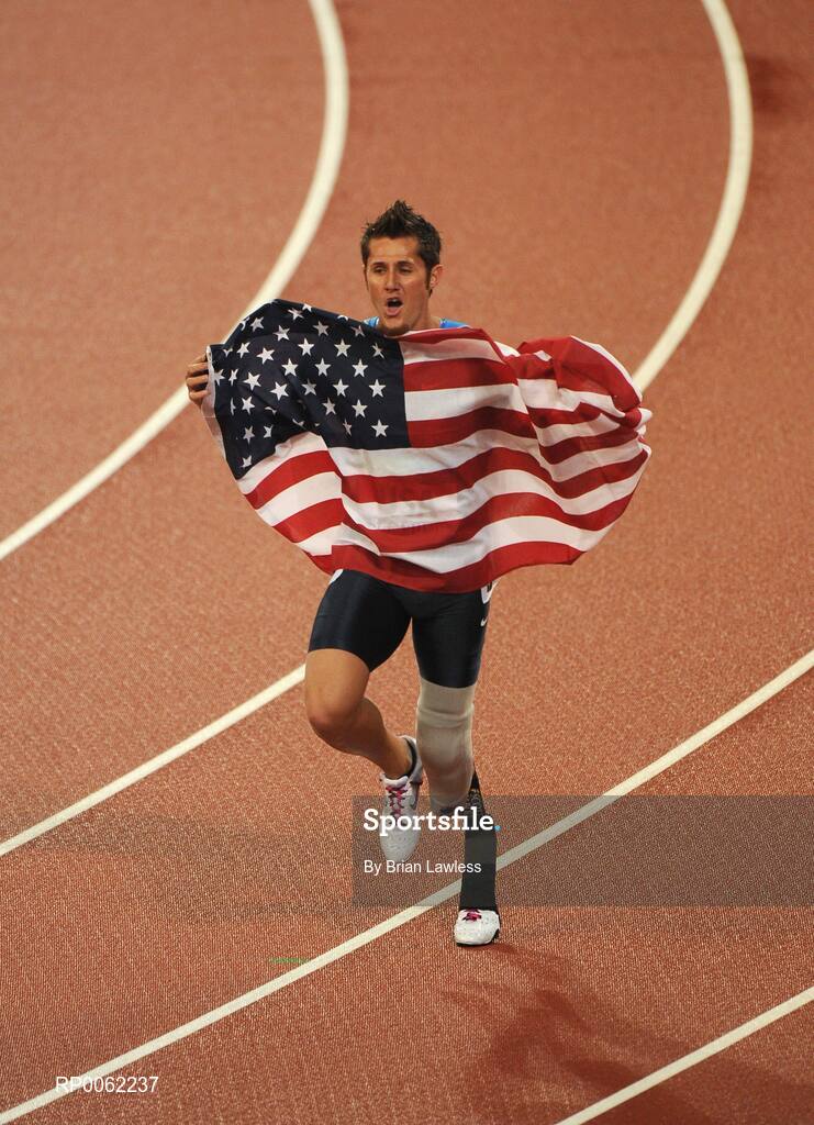 16 September 2008; USA athlete Jim Bob Bizzell celebrates after they won the Men's 4 X 100m Relay - T42-T46 Final. Beijing Paralympic Games 2008, 4 X 100m Relay - T42-T46 Final, National Stadium, Olympic Green, Beijing, China. Picture credit: Brian Lawless / SPORTSFILE