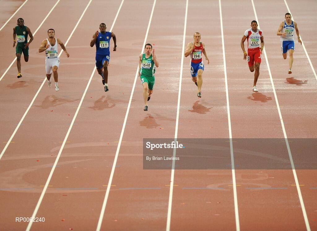 16 September 2008; Ireland's Jason Smyth, from Eglinton, Co. Derry, races ahead of, from left, Jonathan Ntutu, South Africa, Vugar Mehdiyev, Azerbaijan, Luis Manuel Galano, Cuba, Alexey Labzin, Russia, Luis Felipe Gutierrez, Cuba, and Loannis Protos, Greece. Smyth won his second gold of these Paralympic games in a World record time of 21.43 seconds, his first coming in the Men's 100m T13 Final also in a world record time of 10.62. Beijing Paralympic Games 2008, Men's 200m -T13, Final, National Stadium, Olympic Green, Beijing, China. Picture credit: Brian Lawless / SPORTSFILE
