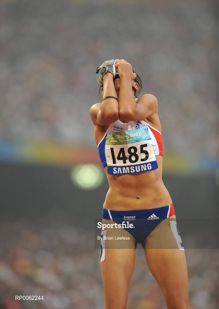 16 September 2008; Visually impaired Assia El'Hannouni of France celebrates after winning the Women's 200m -T12 final in a world record time of 24.84. Beijing Paralympic Games 2008, Women's 200m -T12 Final, National Stadium, Olympic Green, Beijing, China. Picture credit: Brian Lawless / SPORTSFILE