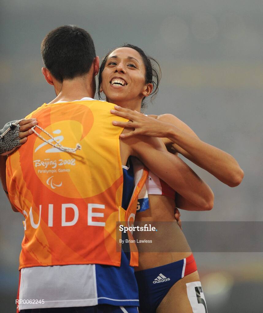 16 September 2008; Visually impaired Assia El'Hannouni of France celebrates after winning the Women's 200m -T12 final in a world record time of 24.84. Beijing Paralympic Games 2008, Women's 200m -T12 Final, National Stadium, Olympic Green, Beijing, China. Picture credit: Brian Lawless / SPORTSFILE