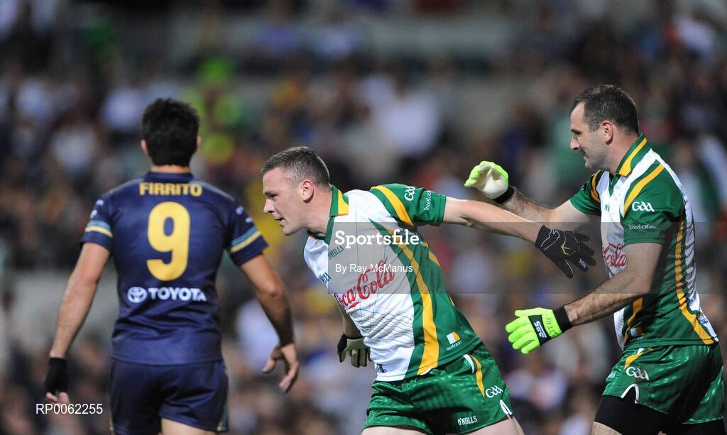 24 October 2008; Leighton Glynn celebrates scoring Ireland's first goal with team-mate Steven McDonnell. 2008 Toyota International Rules Series, Australia v Ireland, Subiaco Oval, Perth, Western Australia. Picture credit: Ray McManus / SPORTSFILE