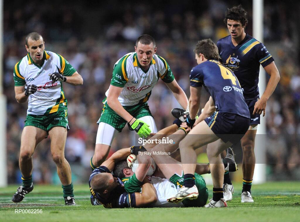 24 October 2008; Grahan Canty, Ireland, is tackled by Scott Thompson, Australia. 2008 Toyota International Rules Series, Australia v Ireland, Subiaco Oval, Perth, Western Australia. Picture credit: Ray McManus / SPORTSFILE