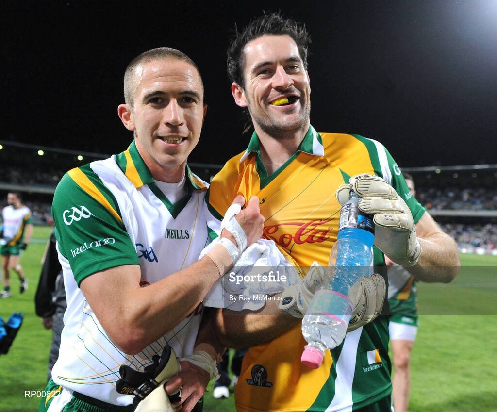 24 October 2008; Irish players John Keane and goalkeeper David Gallagher celebrate their side's one point victory. 2008 Toyota International Rules Series, Australia v Ireland, Subiaco Oval, Perth, Western Australia. Picture credit: Ray McManus / SPORTSFILE