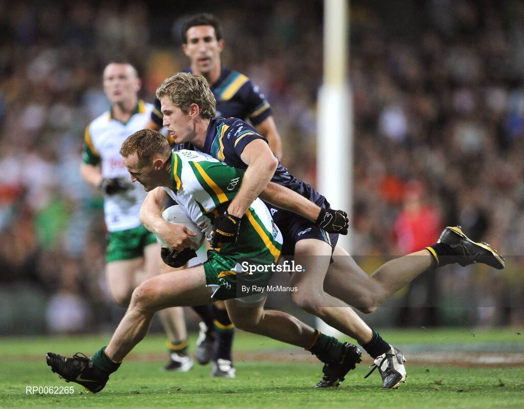 24 October 2008; Benny Coulter, Ireland, is tackled by Adam Selwood, Australia. 2008 Toyota International Rules Series, Australia v Ireland, Subiaco Oval, Perth, Western Australia. Picture credit: Ray McManus / SPORTSFILE
