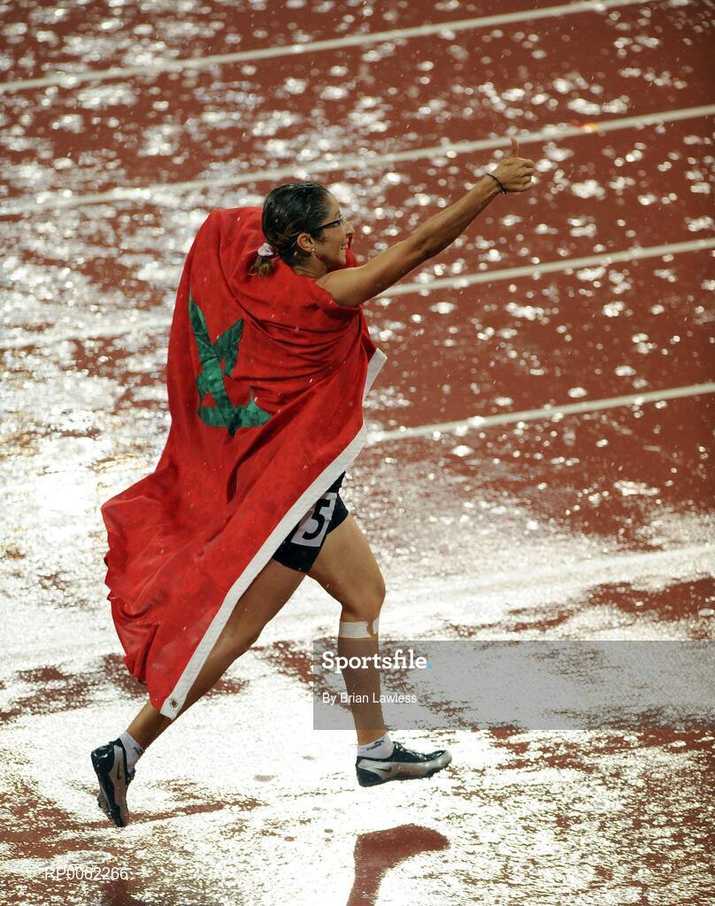 16 September 2008; Morocco's Sanaa Benhama celebrates after winning the Women's 100m - T13 final in a world record time of 12.28. Beijing Paralympic Games 2008, Women's 100m - T13 Final, National Stadium, Olympic Green, Beijing, China. Picture credit: Brian Lawless / SPORTSFILE