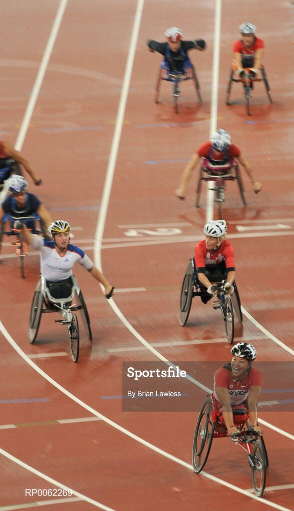 16 September 2008; Canada's Chantal Petitclerc celebrates winning the Women's 1500m - T54 final. Beijing Paralympic Games 2008, Women's 1500m - T54 Final, National Stadium, Olympic Green, Beijing, China. Picture credit: Brian Lawless / SPORTSFILE