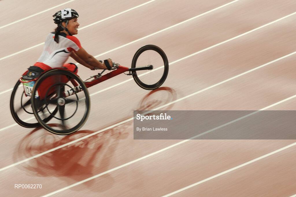 16 September 2008; Canada's Chantal Petitclerc celebrates winning the Women's 1500m - T54 final. Beijing Paralympic Games 2008, Women's 1500m - T54 Final, National Stadium, Olympic Green, Beijing, China. Picture credit: Brian Lawless / SPORTSFILE
