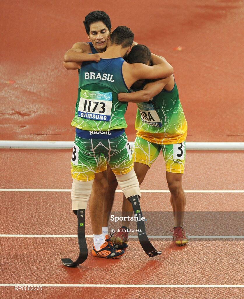 16 September 2008; Brazilian athletes celebrate after finishing 2nd in the Men's 4 X 100m Relay - T42-T46 Final. Beijing Paralympic Games 2008, 4 X 100m Relay - T42-T46 Final, National Stadium, Olympic Green, Beijing, China. Picture credit: Brian Lawless / SPORTSFILE
