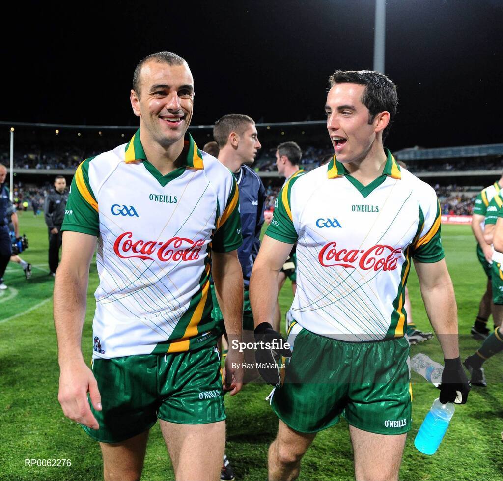 24 October 2008; Irish players John Miskella, left, and Aaron Kernan leave the field after the one point win. 2008 Toyota International Rules Series, Australia v Ireland, Subiaco Oval, Perth, Western Australia. Picture credit: Ray McManus / SPORTSFILE