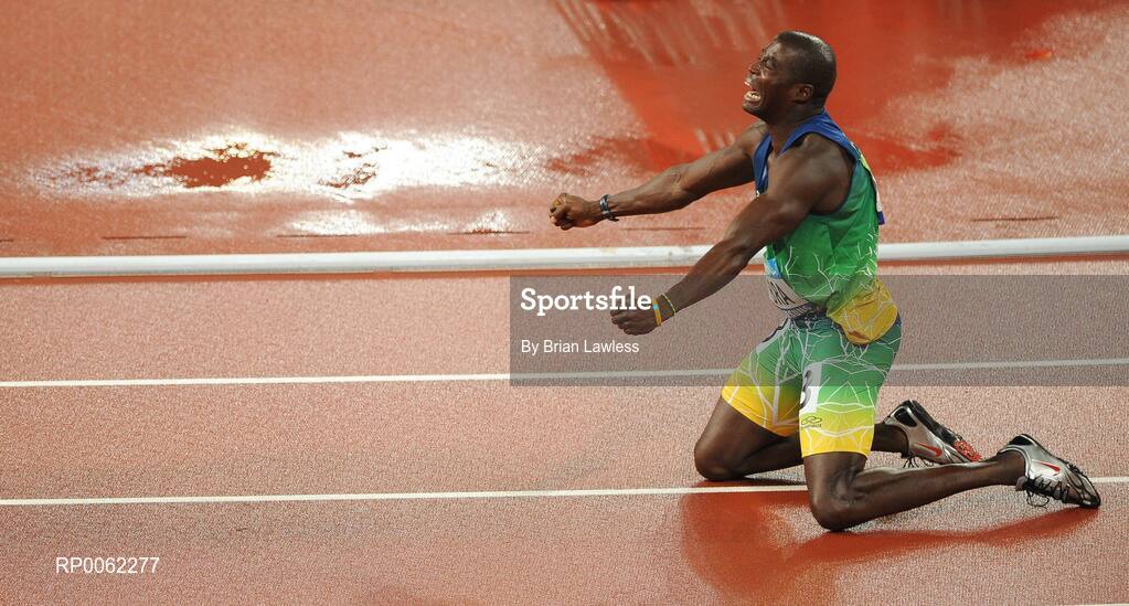 16 September 2008; Brazil's Andre Luiz Oliveira celebrates after finishing 2nd in the Men's 4 X 100m Relay - T42-T46 Final. Beijing Paralympic Games 2008, 4 X 100m Relay - T42-T46 Final, National Stadium, Olympic Green, Beijing, China. Picture credit: Brian Lawless / SPORTSFILE