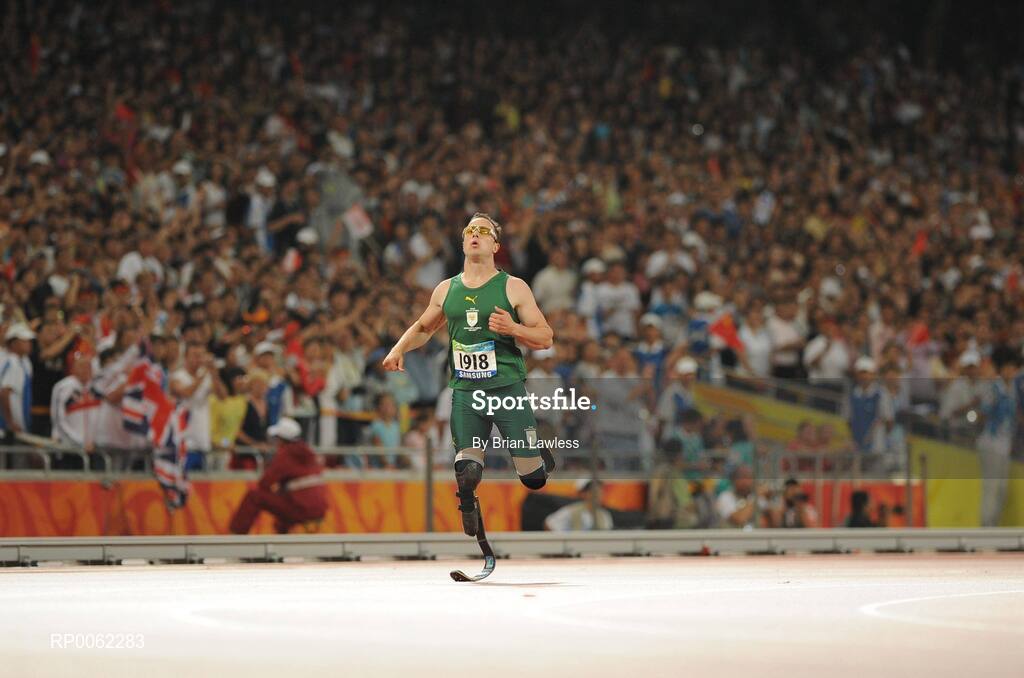 16 September 2008; South Africa's Oscar Pistorius crosses the finish line to win the Men's 400m T- 44 Final in a world record time of 47.49. Beijing Paralympic Games 2008, Men's 400m T- 44 Final, National Stadium, Olympic Green, Beijing, China. Picture credit: Brian Lawless / SPORTSFILE