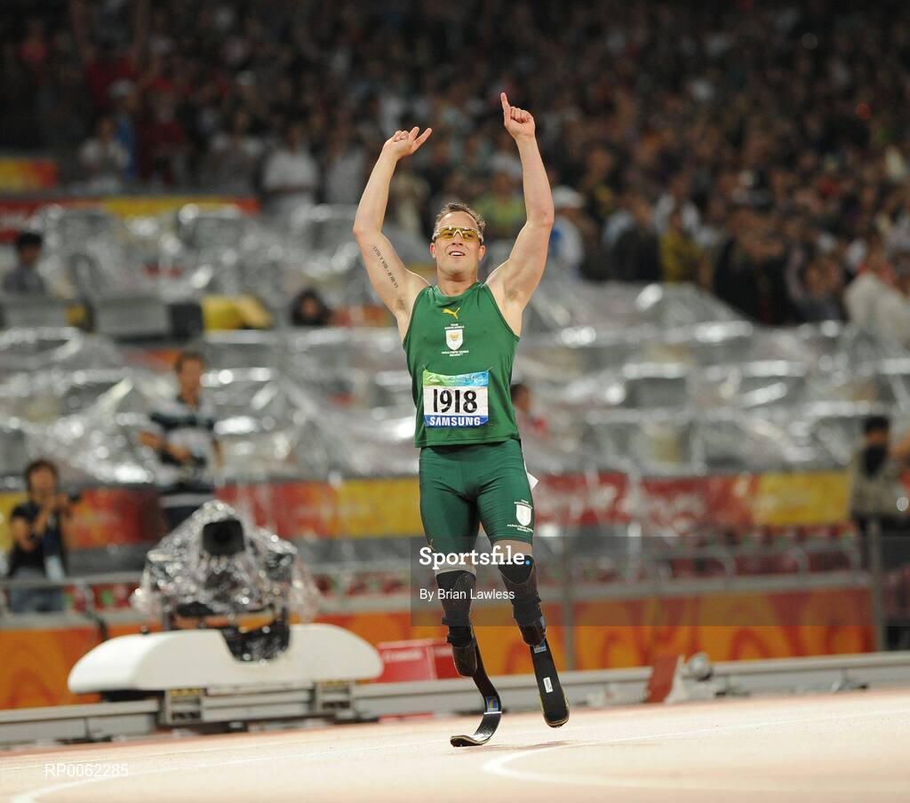 16 September 2008; South Africa's Oscar Pistorius celebrates after winning the Men's 400m T- 44 Final in a world record time of 47.49. Beijing Paralympic Games 2008, Men's 400m T- 44 Final, National Stadium, Olympic Green, Beijing, China. Picture credit: Brian Lawless / SPORTSFILE
