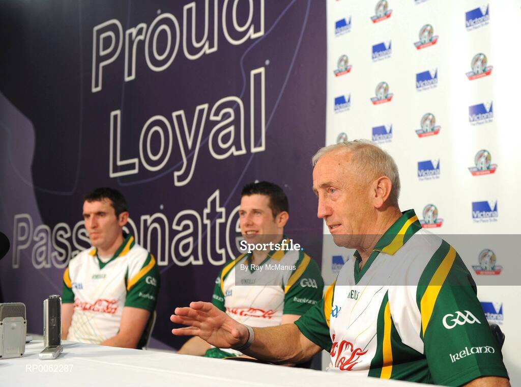 24 October 2008; Irish manager Sean Boylan, with captain Sean Cavanagh and vice-captain Graham Canty to his right, speaking at a press conference after the game. 2008 Toyota International Rules Series, Australia v Ireland, Subiaco Oval, Perth, Western Australia. Picture credit: Ray McManus / SPORTSFILE