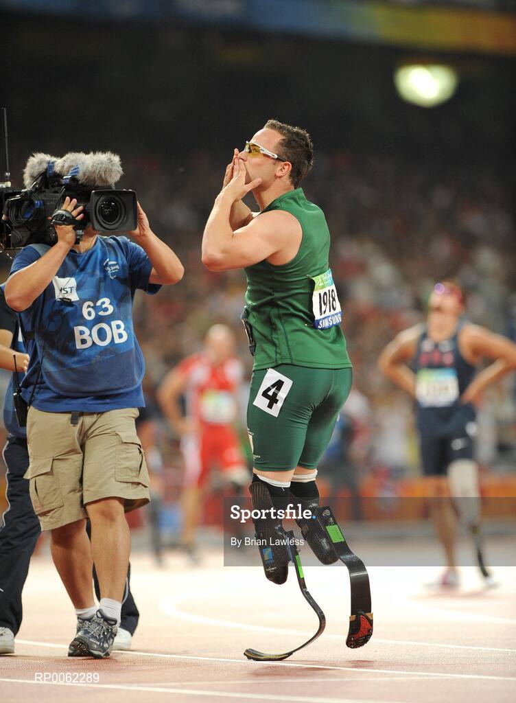 16 September 2008; South Africa's Oscar Pistorius celebrates after winning the Men's 400m T- 44 Final in a world record time of 47.49. Beijing Paralympic Games 2008, Men's 400m T- 44 Final, National Stadium, Olympic Green, Beijing, China. Picture credit: Brian Lawless / SPORTSFILE