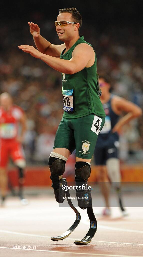 16 September 2008; South Africa's Oscar Pistorius celebrates after winning the Men's 400m T- 44 Final in a world record time of 47.49. Beijing Paralympic Games 2008, Men's 400m T- 44 Final, National Stadium, Olympic Green, Beijing, China. Picture credit: Brian Lawless / SPORTSFILE