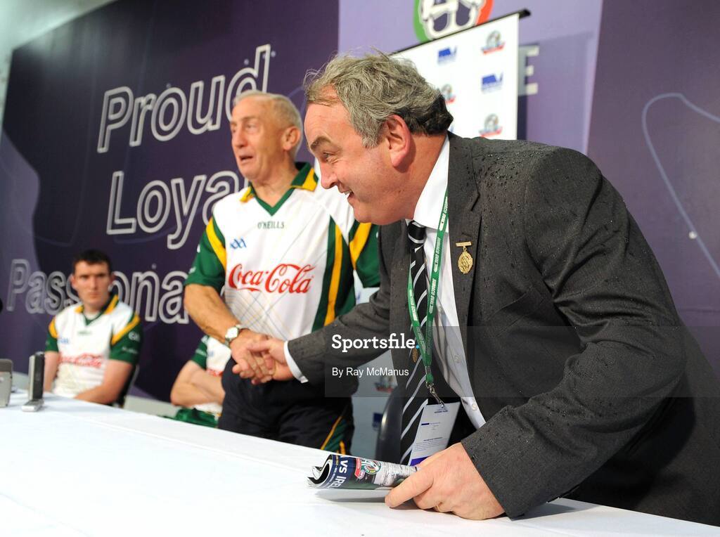 24 October 2008; GAA President Nickey Brennan congratulates Irish manager Sean Boylan at a press conference after the game. 2008 Toyota International Rules Series, Australia v Ireland, Subiaco Oval, Perth, Western Australia. Picture credit: Ray McManus / SPORTSFILE