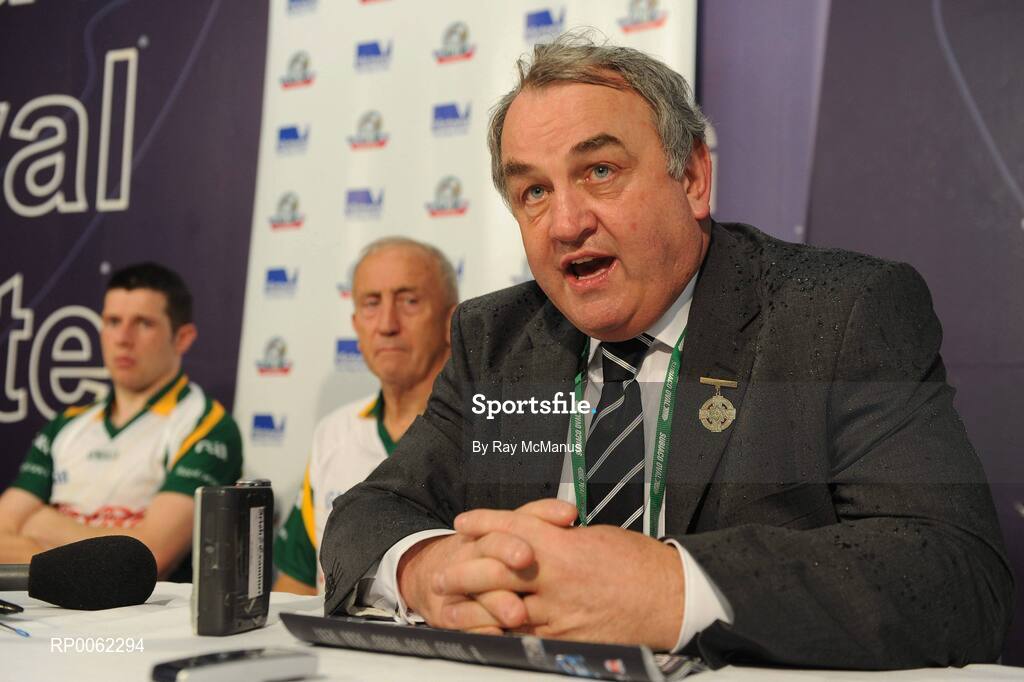 24 October 2008; GAA President Nickey Brennan, with Irish manager Sean Boylan and team captain Sean Cavanagh speaking at a press conference after the game. 2008 Toyota International Rules Series, Australia v Ireland, Subiaco Oval, Perth, Western Australia. Picture credit: Ray McManus / SPORTSFILE
