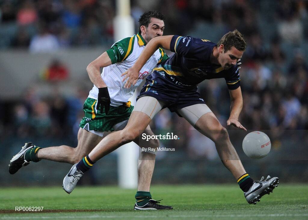 24 October 2008; Jared Brennan, Australia, is tackled by Joe Mcmahon, Ireland. 2008 Toyota International Rules Series, Australia v Ireland, Subiaco Oval, Perth, Western Australia. Picture credit: Ray McManus / SPORTSFILE