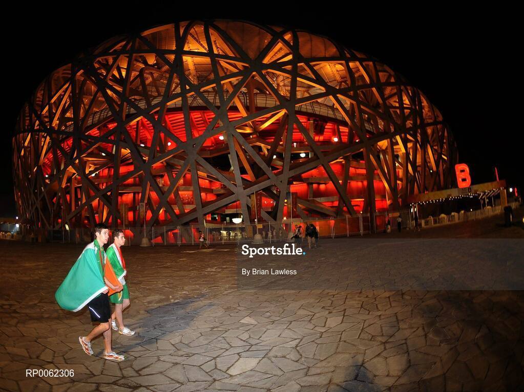 16 September 2008; Ireland's Jason Smyth, from Eglinton, Co. Derry, 800m T37 gold medalist Michael McKillop, left, outside the 'Bird's Nest' after the Men's 200m -T13 Final. Smyth won his second gold of these Paralympic games in a World record time of 21.43 seconds, his first coming in the Men's 100m T13 Final also in a world record time of 10.62. Beijing Paralympic Games 2008, Men's 200m -T13, Final, National Stadium, Olympic Green, Beijing, China. Picture credit: Brian Lawless / SPORTSFILE
