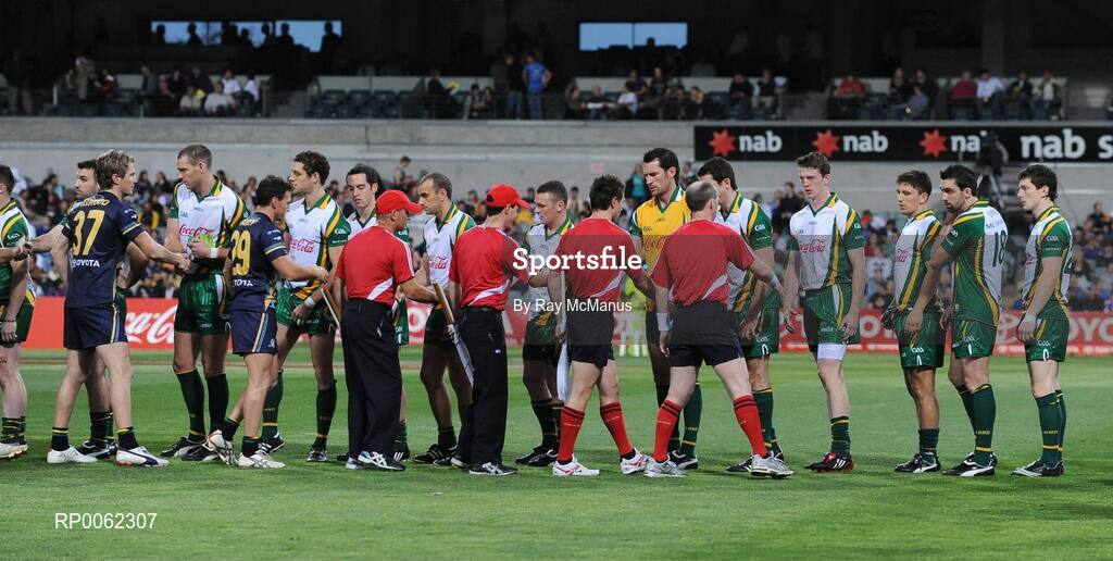 24 October 2008; Players and officials shake hands before the start of the game. 2008 Toyota International Rules Series, Australia v Ireland, Subiaco Oval, Perth, Western Australia. Picture credit: Ray McManus / SPORTSFILE