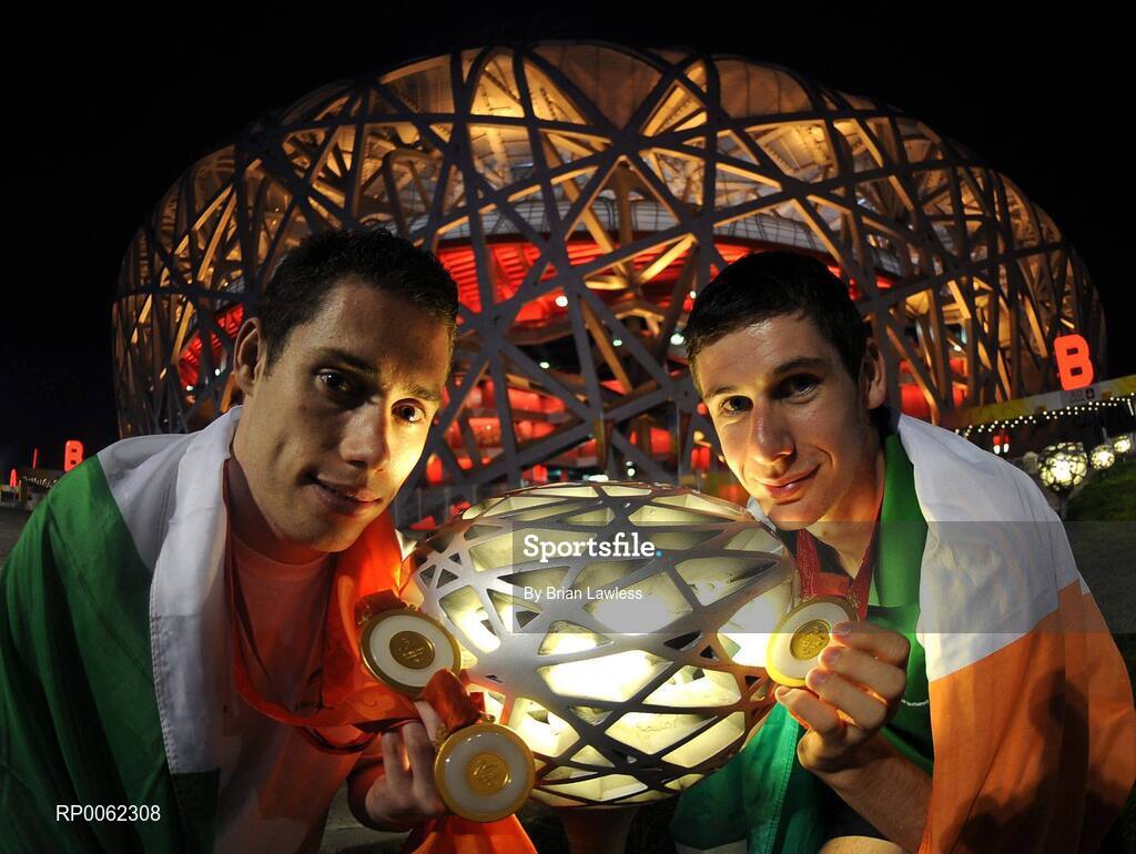 16 September 2008; Ireland's Jason Smyth, from Eglinton, Co. Derry, 800m T37 gold medalist Michael McKillop, right, outside the 'Bird's Nest' after the Men's 200m -T13 Final. Smyth won his second gold of these Paralympic games in a World record time of 21.43 seconds, his first coming in the Men's 100m T13 Final also in a world record time of 10.62. Beijing Paralympic Games 2008, Men's 200m -T13, Final, National Stadium, Olympic Green, Beijing, China. Picture credit: Brian Lawless / SPORTSFILE