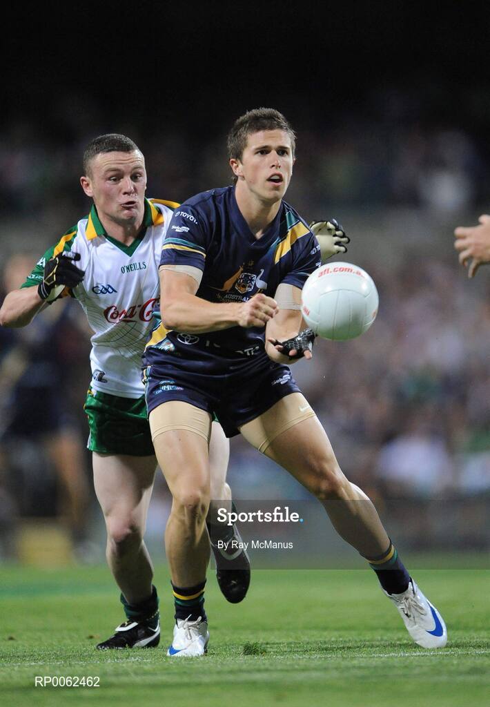 24 October 2008; Marc Murphy, Australia, is tackled by Leighton Glynn, Ireland. 2008 Toyota International Rules Series, Australia v Ireland, Subiaco Oval, Perth, Western Australia. Picture credit: Ray McManus / SPORTSFILE