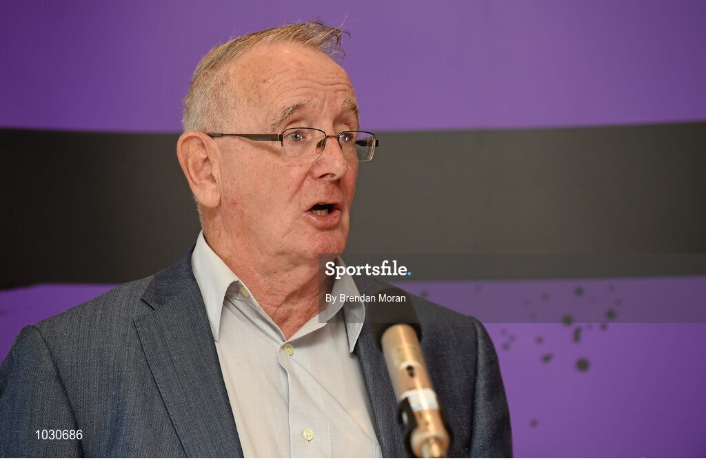 14 July 2015; MC Barry Henriques spaking at the launch of the GAA Hurling All-Ireland Senior Championship Series 2015. Dicksboro GAA club, Kilkenny. Picture credit: Brendan Moran / SPORTSFILE