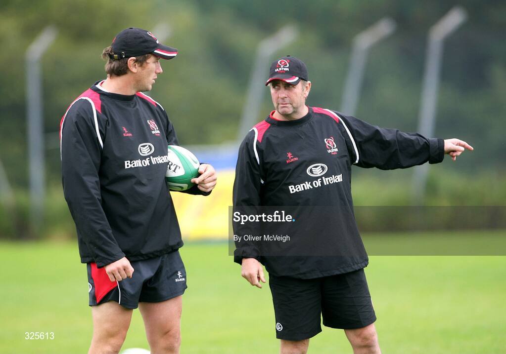 19 August 2008; Ulster defence coach, Peter Sharp, right, along with assistant coach, Steve Williams, during a squad training session. Ulster Rugby Squad Training Session, Newforge Country Club, Belfast, Co Antrim. Picture credit; Oliver McVeigh / SPORTSFILE