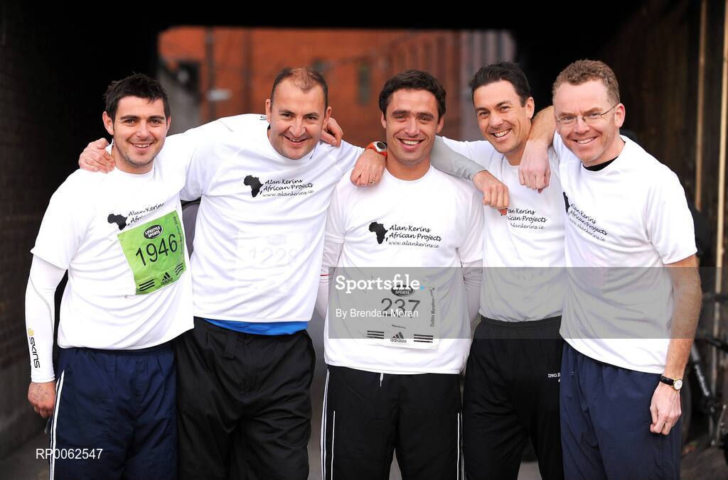 27 October 2008; Competitors, from left, Liam Madden, Pat Brennan, Alan Kerins, Brian Duffy, Colm Scully, all from Galway, running in aid of the Alan Kerins African Projects at the Lifestyle Sports - adidas Dublin Marathon 2008. Merrion Square, Dublin. Picture credit: Brendan Moran / SPORTSFILE