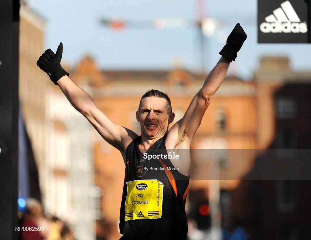 27 October 2008; Gary Crossan of Letterkenny AC, reacts after crossing the finish line during the Lifestyle Sports - adidas Dublin Marathon 2008. Merrion Square, Dublin. Picture credit: Brendan Moran / SPORTSFILE