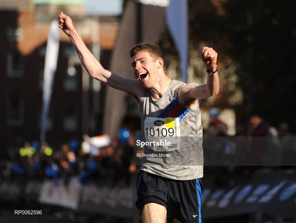 27 October 2008; Robert Teevan from Dublin reacts after crossing the finish line during the Lifestyle Sports - adidas Dublin Marathon 2008. Merrion Square, Dublin. Picture credit: Brendan Moran / SPORTSFILE