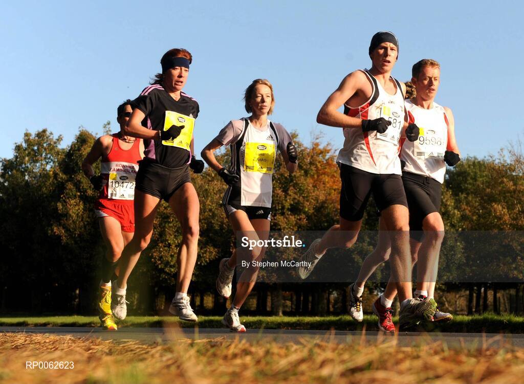 27 October 2008; Runners, from left, Kerry Liam Wilson, from England, Alena Samokvalova, from Russia, eventual winner of the Women's race Larissa Zousko, from Russia, Emmett Dunleavy, from Sligo and Patrick Cassidy, from Dublin, in action as the race passes through the Phoenix Park during the Lifestyle Sports - adidas Dublin Marathon 2008. Phoenix Park, Dublin. Picture credit: Stephen McCarthy / SPORTSFILE