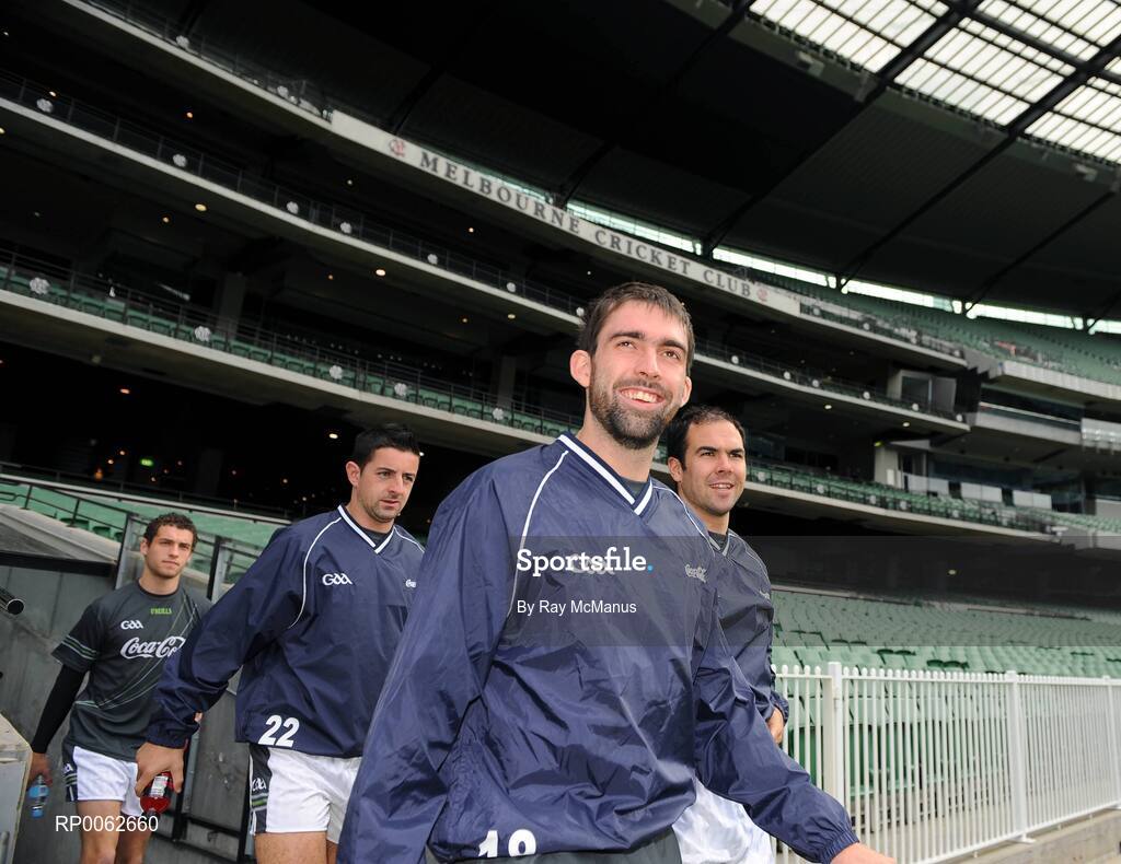 28 October 2008; Joe McMahon, Tyrone, Paul Finlay, Monaghan, right, Aidan O'Mahony, Kerry, and Tom Parsons, Mayo, make their way on to the pitch for an Ireland International Rules training session. 2008 International Rules tour, Melbourne Cricket Ground, Melbourne, Auatralia. Picture credit: Ray McManus / SPORTSFILE