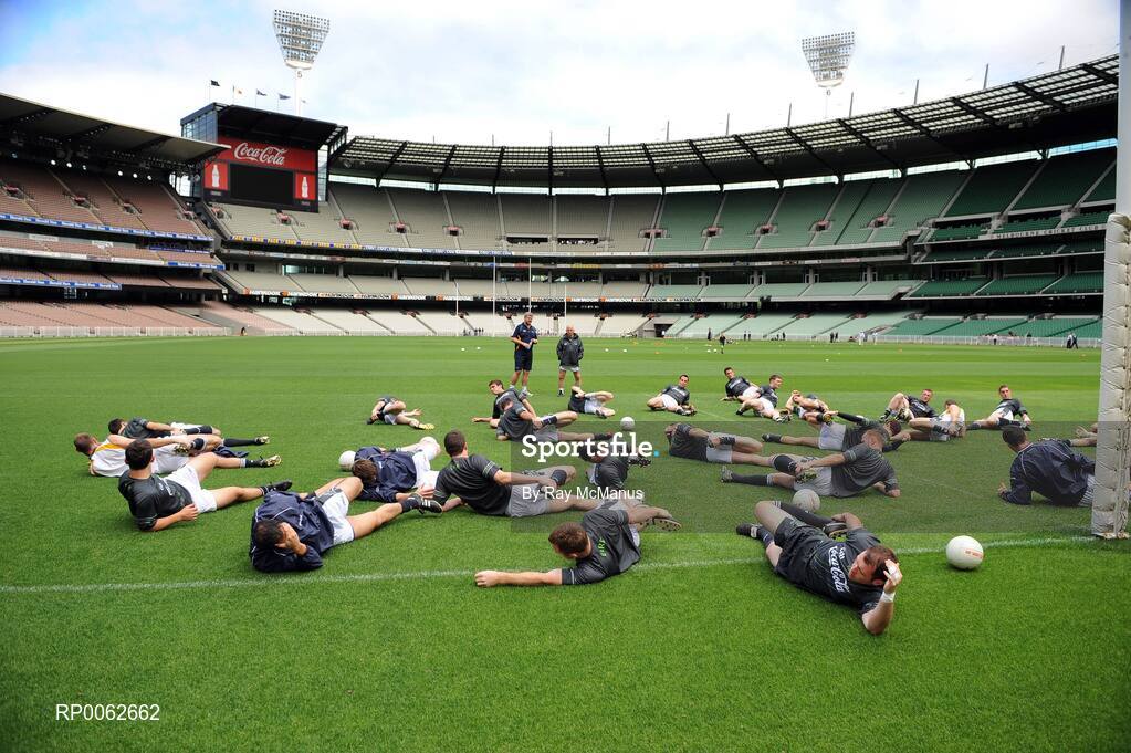 28 October 2008; Members of the squad warm up under the watchful eyes of selector Eoin Liston and manager Sean Boylen during an Ireland International Rules training session. 2008 International Rules tour, Melbourne Cricket Ground, Melbourne, Auatralia. Picture credit: Ray McManus / SPORTSFILE