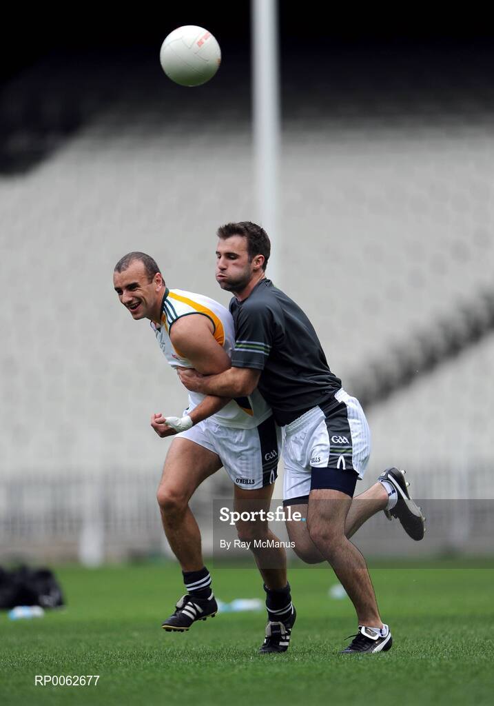 28 October 2008; John Miskella, Cork, is tackled by Bryan Cullen, Dublin, during an Ireland International Rules training session. 2008 International Rules tour, Melbourne Cricket Ground, Melbourne, Auatralia. Picture credit: Ray McManus / SPORTSFILE
