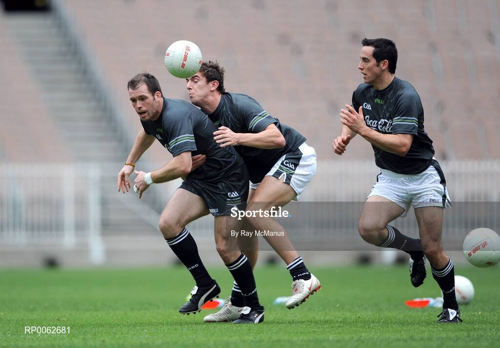 28 October 2008; Ciaran McKeever, Armagh, passes to Aaron Kernan as he is tackled by Colm Begley during an Ireland International Rules training session. 2008 International Rules tour, Melbourne Cricket Ground, Melbourne, Auatralia. Picture credit: Ray McManus / SPORTSFILE