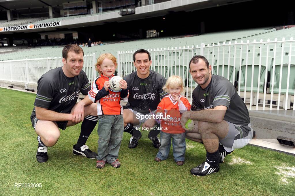 28 October 2008; Two-year-old Nalani Gough and her brother Finlay, age 4, from Newtownhamilton, Co. Armagh, with Armagh stars Ciaran McKeever, Aaron Kernan and Steven McDonnell after an Ireland International Rules training session. 2008 International Rules tour, Melbourne Cricket Ground, Melbourne, Auatralia. Picture credit: Ray McManus / SPORTSFILE