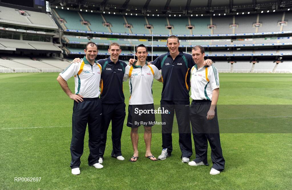 28 October 2008; Steven McDonnell, Killian Young, Aaron Kernan, Kieran Donaghy and Ciaran McKeever strike a pose on the pitch after an Ireland International Rules training session. 2008 International Rules tour, Melbourne Cricket Ground, Melbourne, Auatralia. Picture credit: Ray McManus / SPORTSFILE