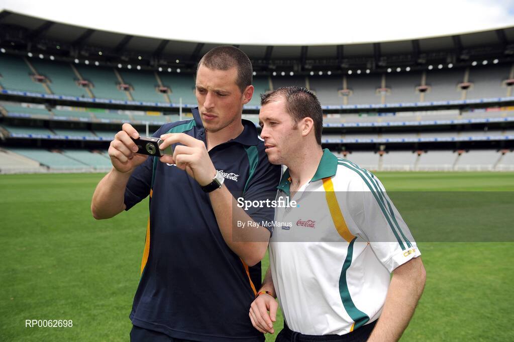 28 October 2008; Kieran Donaghy, Kerry, and Ciaran McKeever, Armagh, review photographs taken on the pitch after an Ireland International Rules training session. 2008 International Rules tour, Melbourne Cricket Ground, Melbourne, Auatralia. Picture credit: Ray McManus / SPORTSFILE
