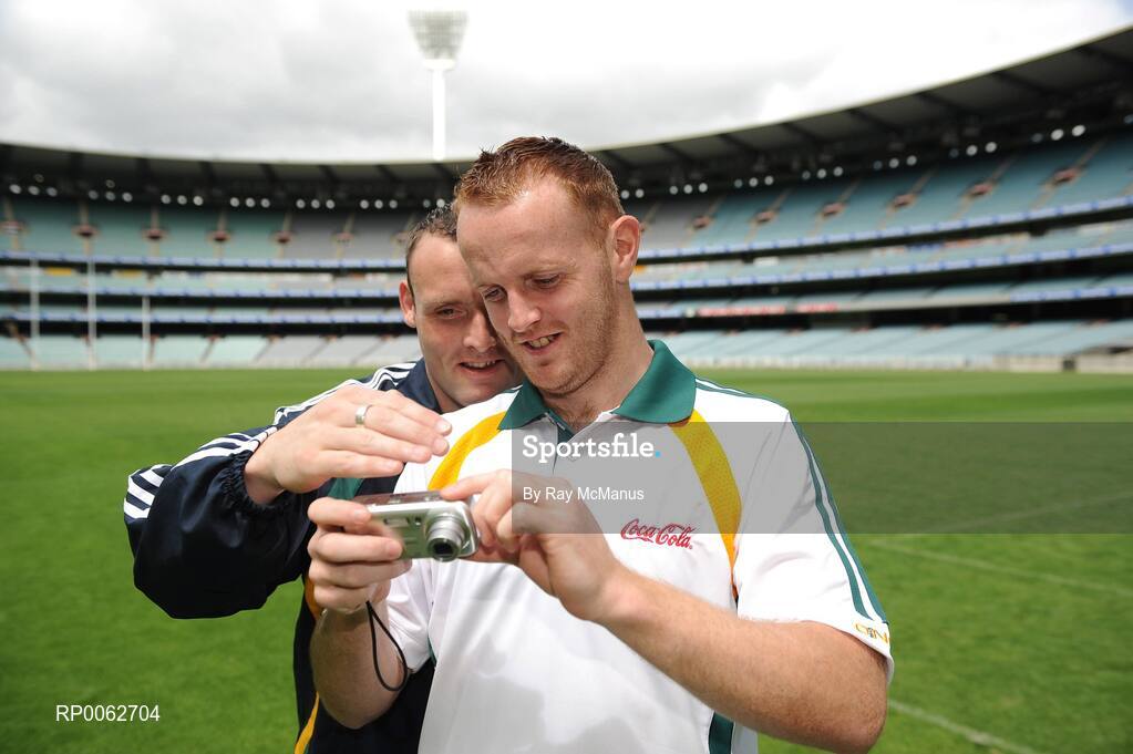 28 October 2008; Benny Coulter, Down, and Paddy Bradley, Derry, review photographs taken after an Ireland International Rules training session. 2008 International Rules tour, Melbourne Cricket Ground, Melbourne, Auatralia. Picture credit: Ray McManus / SPORTSFILE
