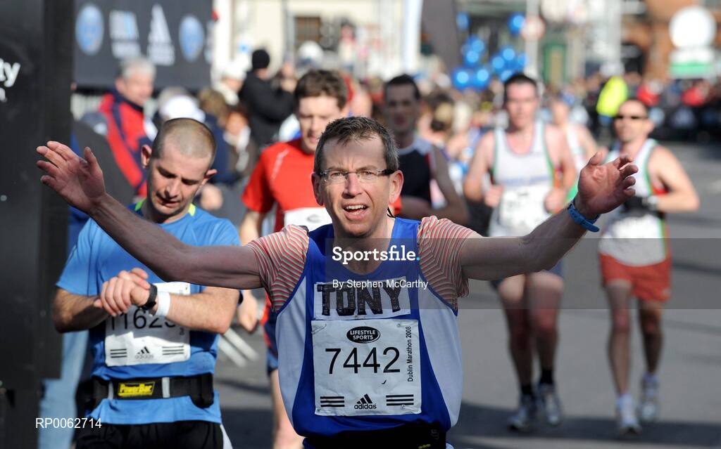 27 October 2008;Tony Hunter, from England, celebrates after completing the Lifestyle Sports - adidas Dublin Marathon 2008. Picture credit: Stephen McCarthy / SPORTSFILE