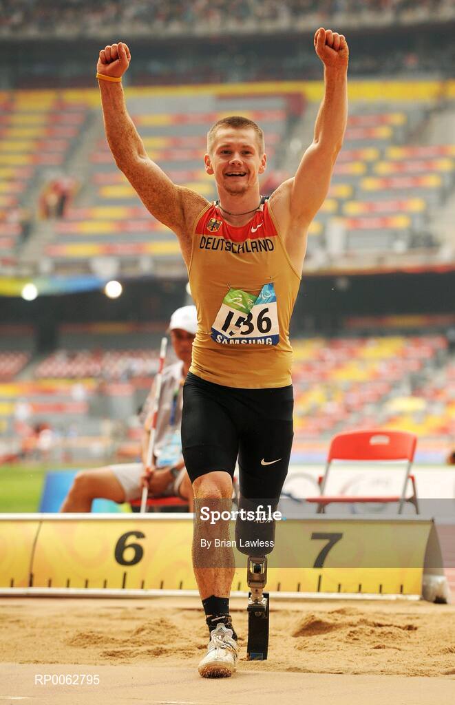 16 September 2008; Germany's Wojtek Czyz celebrates after winning the Men's Long Jump - F42/44 final with world record jump of 6.50m. Beijing Paralympic Games 2008, Men's Long Jump - F42/44 final, National Stadium, Olympic Green, Beijing, China. Picture credit: Brian Lawless / SPORTSFILE
