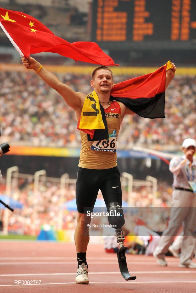 16 September 2008; Germany's Wojtek Czyz celebrates after winning the Men's Long Jump - F42/44 final with world record jump of 6.50m. Beijing Paralympic Games 2008, Men's Long Jump - F42/44 final, National Stadium, Olympic Green, Beijing, China. Picture credit: Brian Lawless / SPORTSFILE