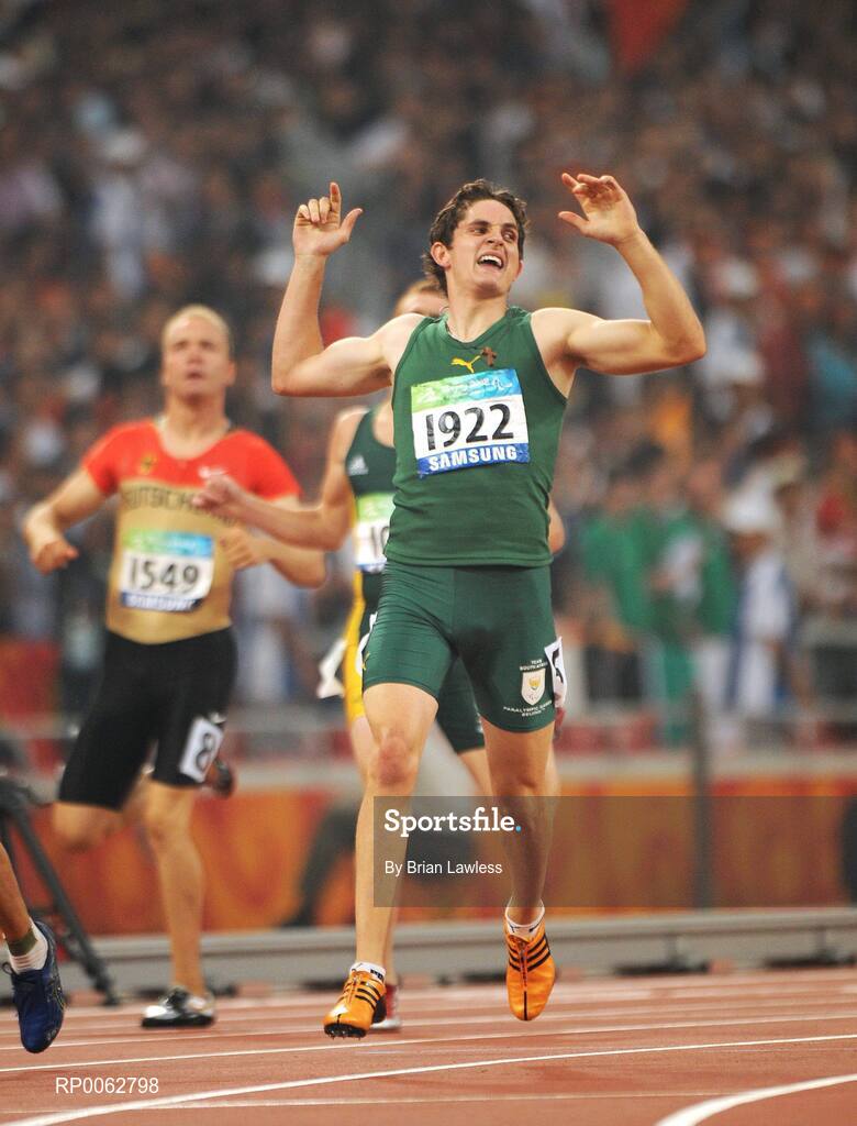 16 September 2008; South Africa's Fanie van der Merwe celebrates winning the Men's 200m - T37 final in a world record time of 23.84. Beijing Paralympic Games 2008, Men's 200m - T37 Final, National Stadium, Olympic Green, Beijing, China. Picture credit: Brian Lawless / SPORTSFILE