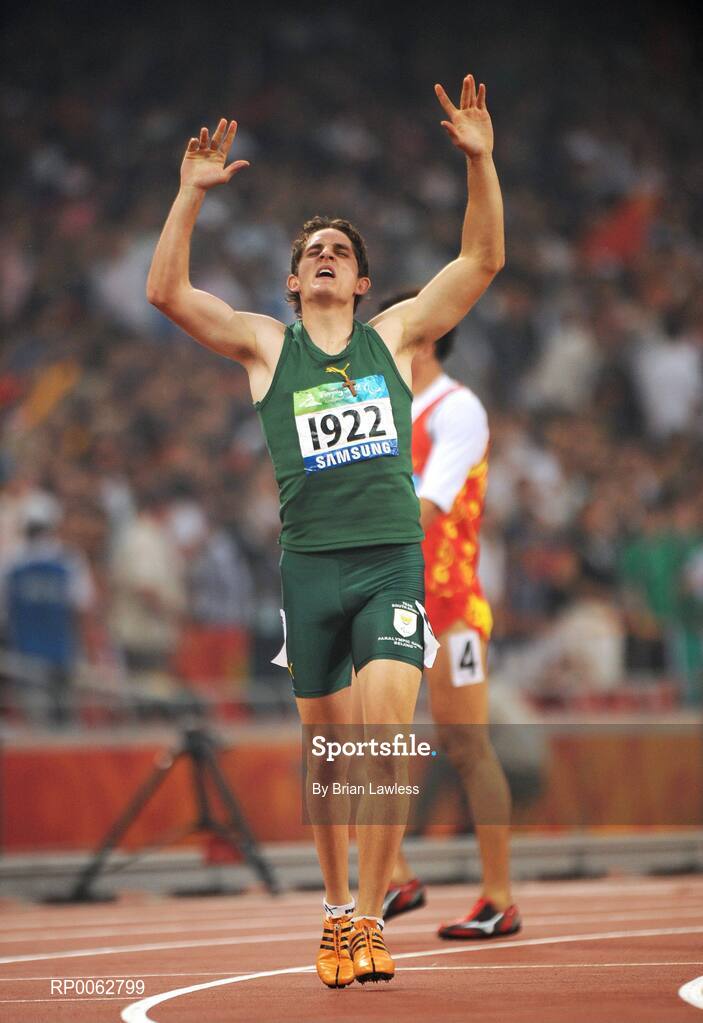 16 September 2008; South Africa's Fanie van der Merwe celebrates winning the Men's 200m - T37 final in a world record time of 23.84. Beijing Paralympic Games 2008, Men's 200m - T37 Final, National Stadium, Olympic Green, Beijing, China. Picture credit: Brian Lawless / SPORTSFILE
