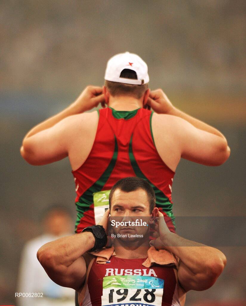16 September 2008; Athletes prepare to compete in the Men's Shot Putt. Beijing Paralympic Games 2008, National Stadium, Olympic Green, Beijing, China. Picture credit: Brian Lawless / SPORTSFILE