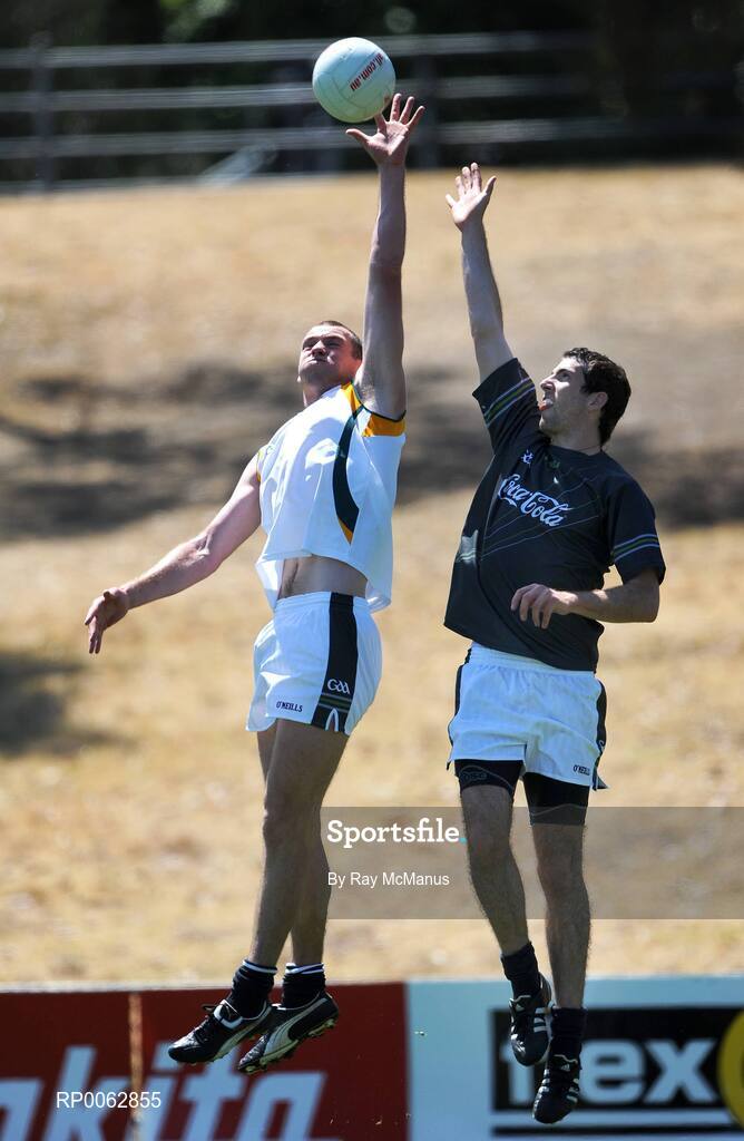 29 October 2008; Pearse O'Neill, Cork, and Tyrone's Justin McMahon contest a high ball during an Ireland International Rules training session. 2008 International Rules tour, Arden Street Oval, Melbourne, Auatralia. Picture credit: Ray McManus / SPORTSFILE
