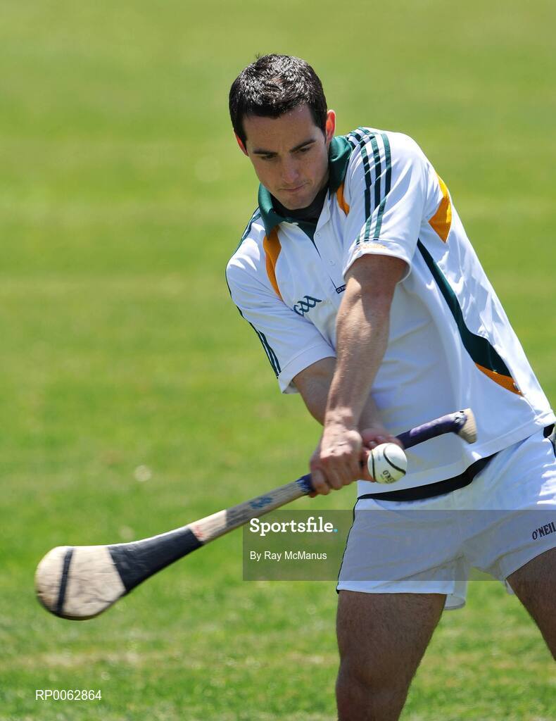 29 October 2008; Armagh's Aaron Kernan tries his hand at hurling after an Ireland International Rules training session. 2008 International Rules tour, Arden Street Oval, Melbourne, Auatralia. Picture credit: Ray McManus / SPORTSFILE