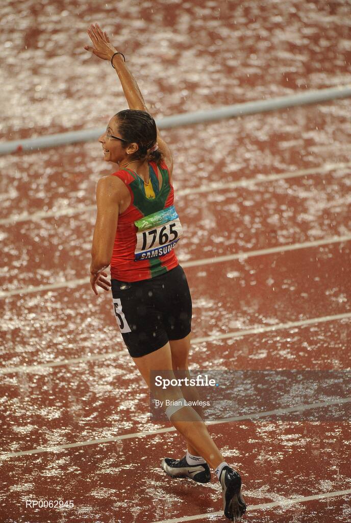 16 September 2008; Morocco's Sanaa Benhama, left, celebrates winning the Women's 100m - T13 final in a world record time of 12.28. Beijing Paralympic Games 2008, Women's 100m - T13 Final, National Stadium, Olympic Green, Beijing, China. Picture credit: Brian Lawless / SPORTSFILE